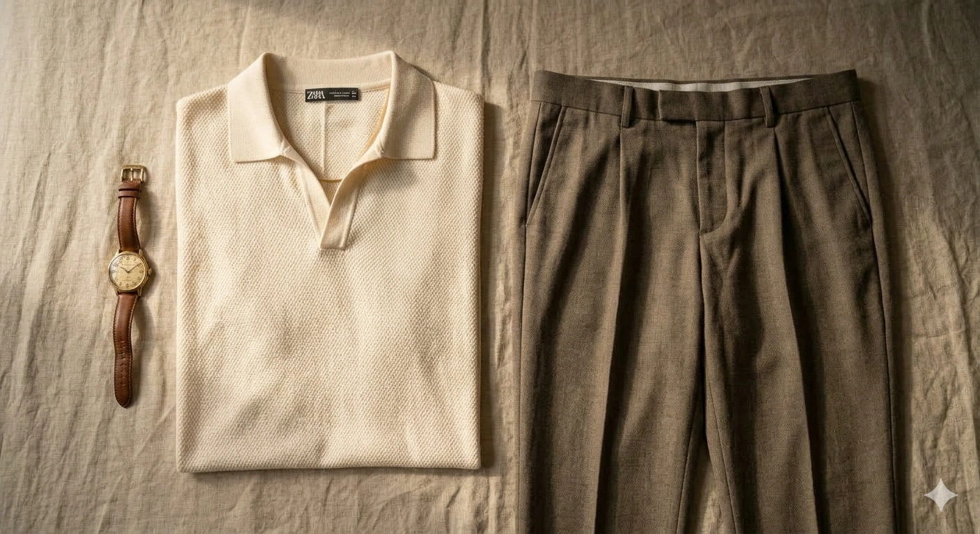 uma fotografia de estilo  flat lay (vista de cima) de um conjunto
                    de roupas masculinas, exibido de forma organizada sobre uma superfície de tecido de linho bege com
                    texturas naturais e leves rugas. A estética é minimalista, sofisticada e remete ao
                    estilo Old Money ou ao catálogo da marca Zara. class=