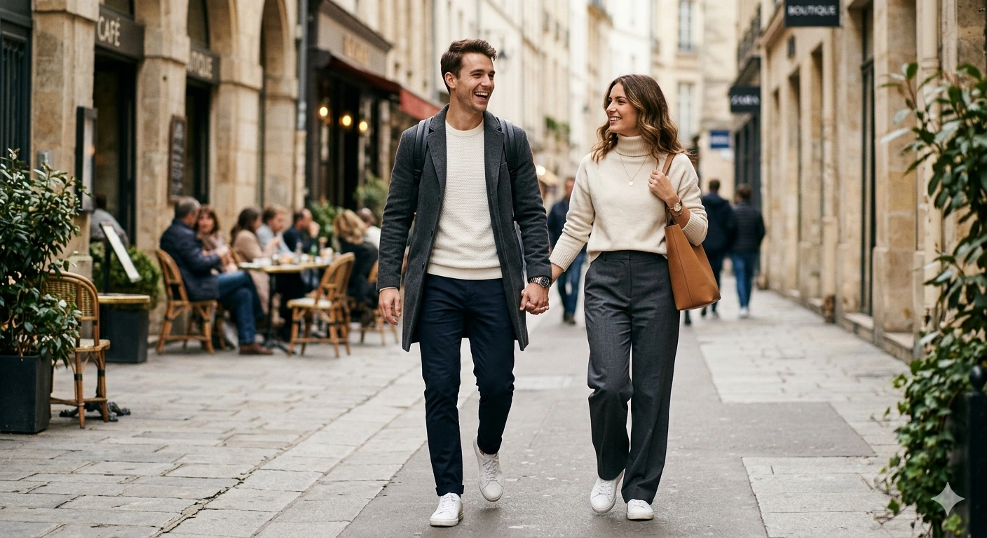 um casal jovem, um homem e uma mulher, caminhando de mãos dadas por uma charmosa rua europeia de pedestres. Eles sorriem um para o outro, transmitindo uma sensação de leveza e sofisticação urbana. O estilo das roupas é minimalista e moderno, com uma paleta de cores neutras e cortes limpos.